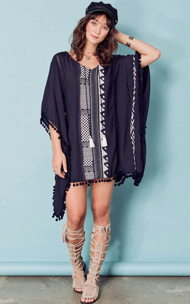 F4737-2 Black Boho Print Pom Pom Trim Tassel Tie Caftan Tunic
